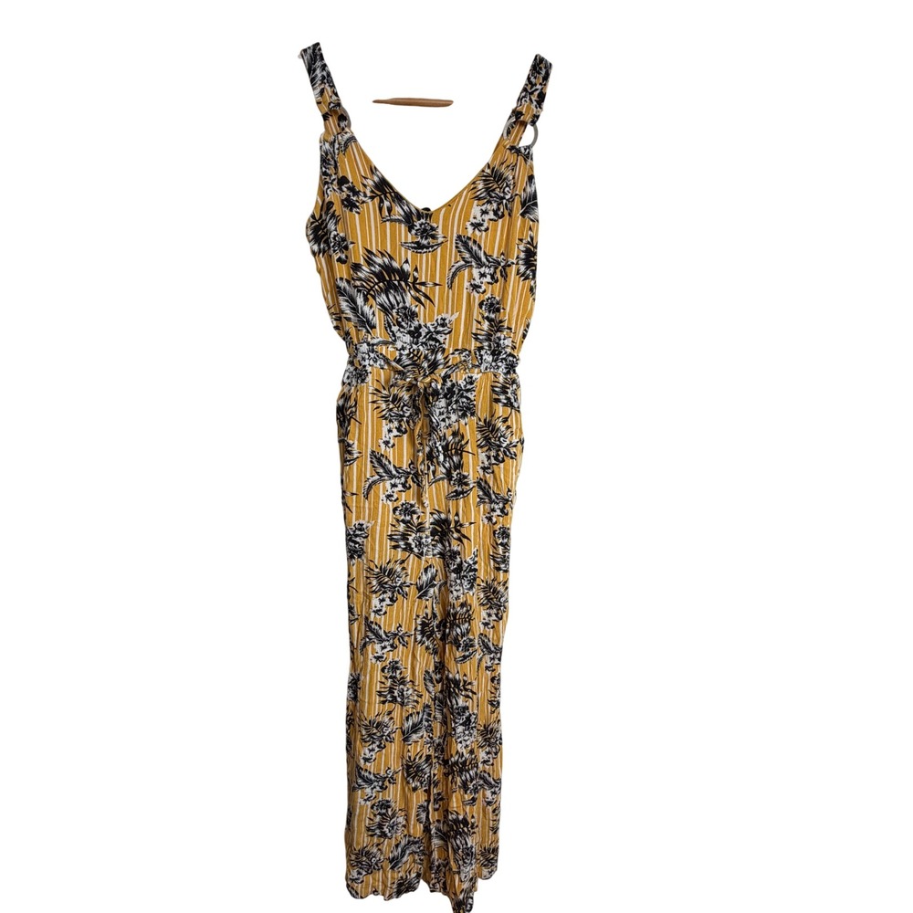 Derek Heart‎ Jumpsuit Women S Yellow Floral Striped Sleeveless Pockets Boho